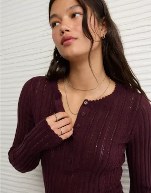 AE Pointelle Henley Sweater Top
