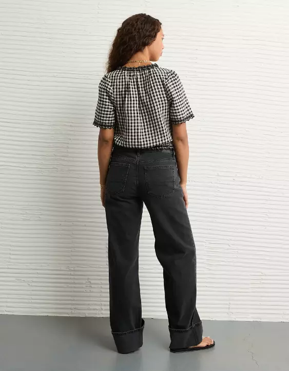AE Short-Sleeve Gingham Button-Up Blouse - Image 3