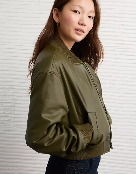AE Faux Leather Cropped Bomber Jacket - Image 7