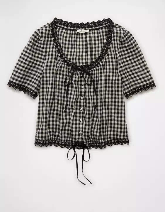 AE Short-Sleeve Gingham Button-Up Blouse - Image 4