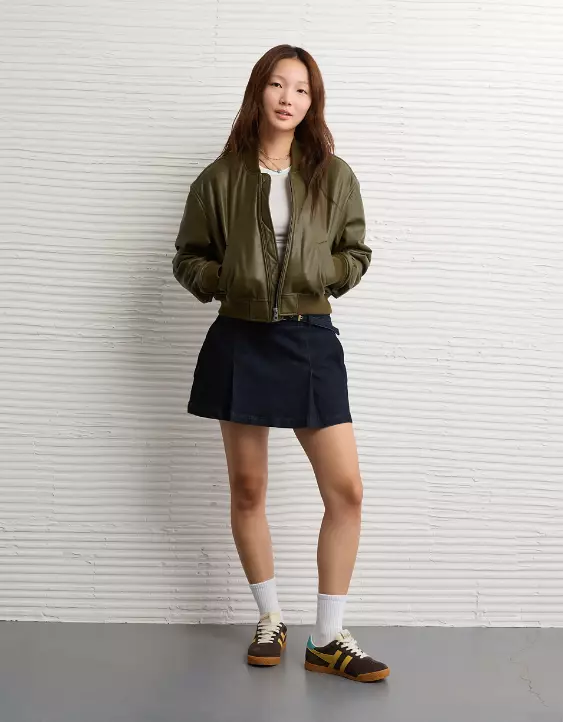 AE Faux Leather Cropped Bomber Jacket - Image 5